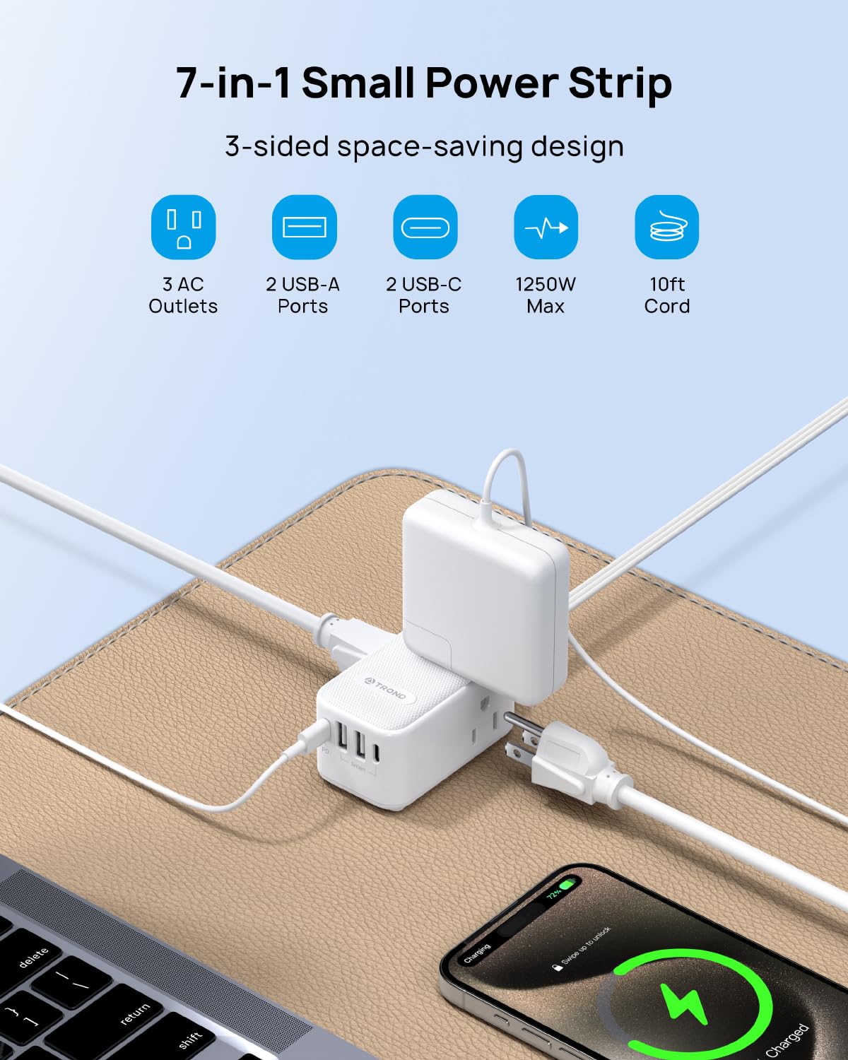 TROND 20W USB C Travel Power Strip - Ultra Thin Flat Plug Small 10ft Long Extension Cord Wall — view 5