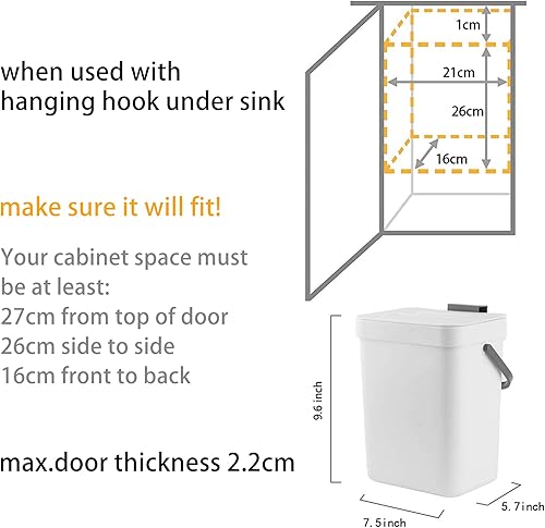 Miniatura 7 de StoneSpace Cubo de basura pequeño colgante con tapa debajo del fregadero para cocina, cubo de compostaje de 1.3 galones5 L, contenedor de compost de