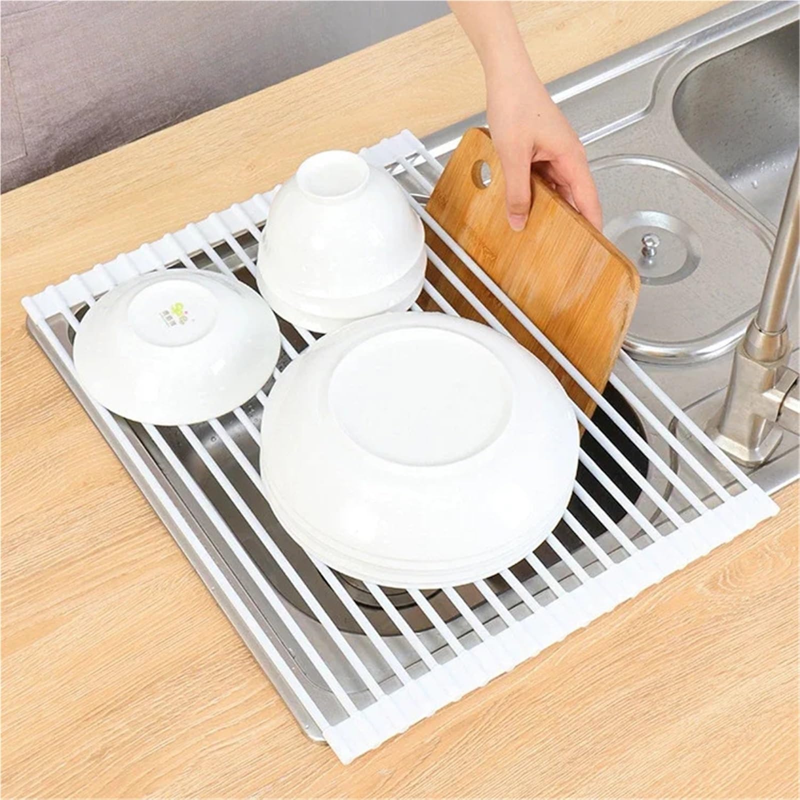Escurridor de Platos Rejilla de Almacenamiento for Cocina, Rejilla for Filtro Silicona, Drenaje Plegable, Fregadero con persiana Enrollable Acero Inoxidable, for Cuencos y Palillos(B1)