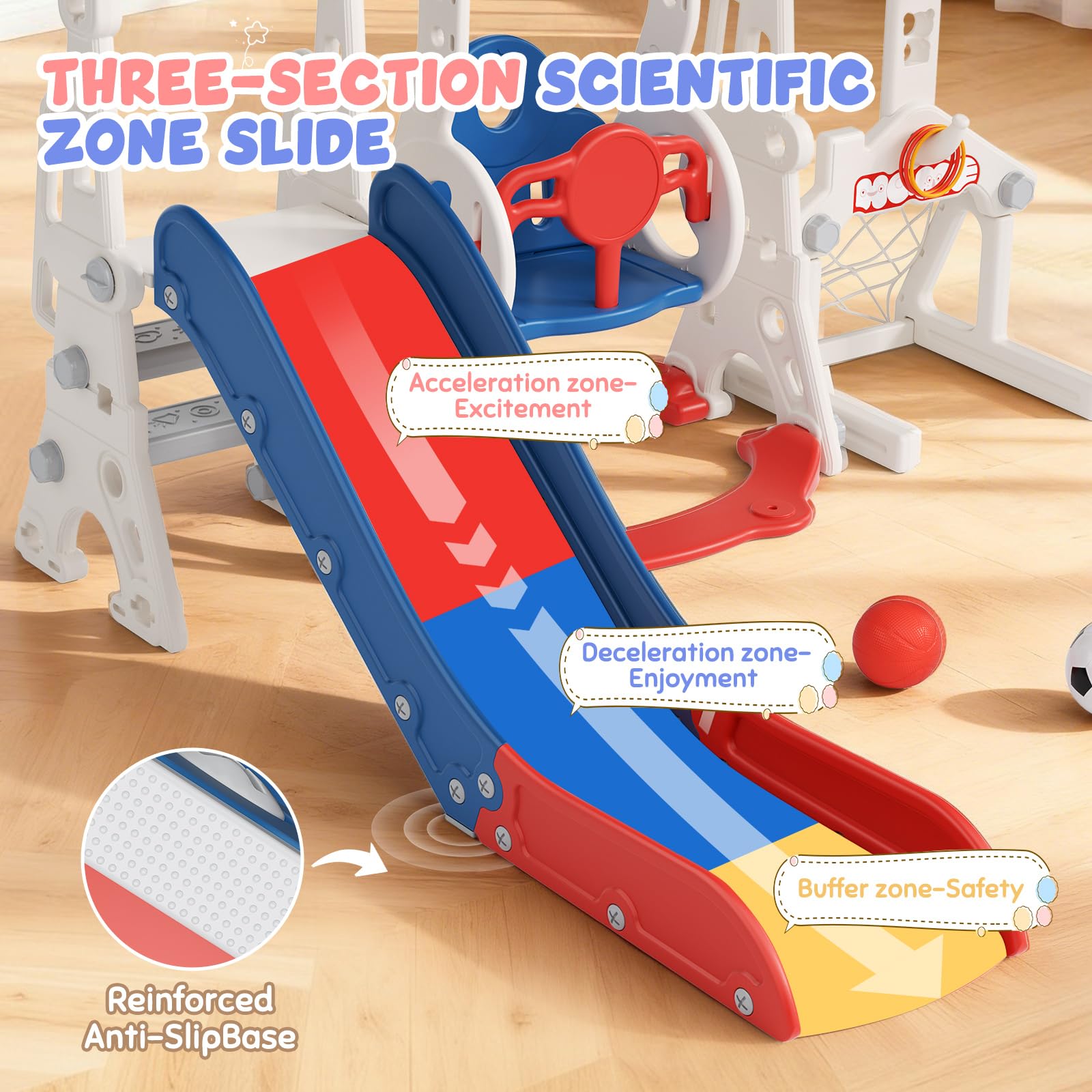 Tobogán Infantil 6 en 1 con Estructura para trepar, Canasta de Baloncesto y portería de fútbol – Set de tobogán de plástico para Interiores – Juguete Montessori (Azul/Rojo)
