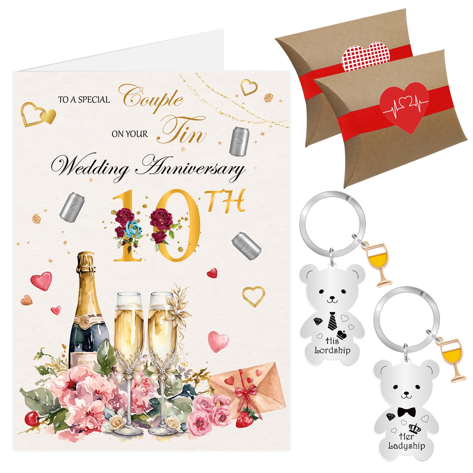 10th Wedding Anniversary Card, Tin Wedding Anniversary Cards, Ten Years Anniversary Card, Tenth Anniversary Keyring Gifts for Couple (10th)