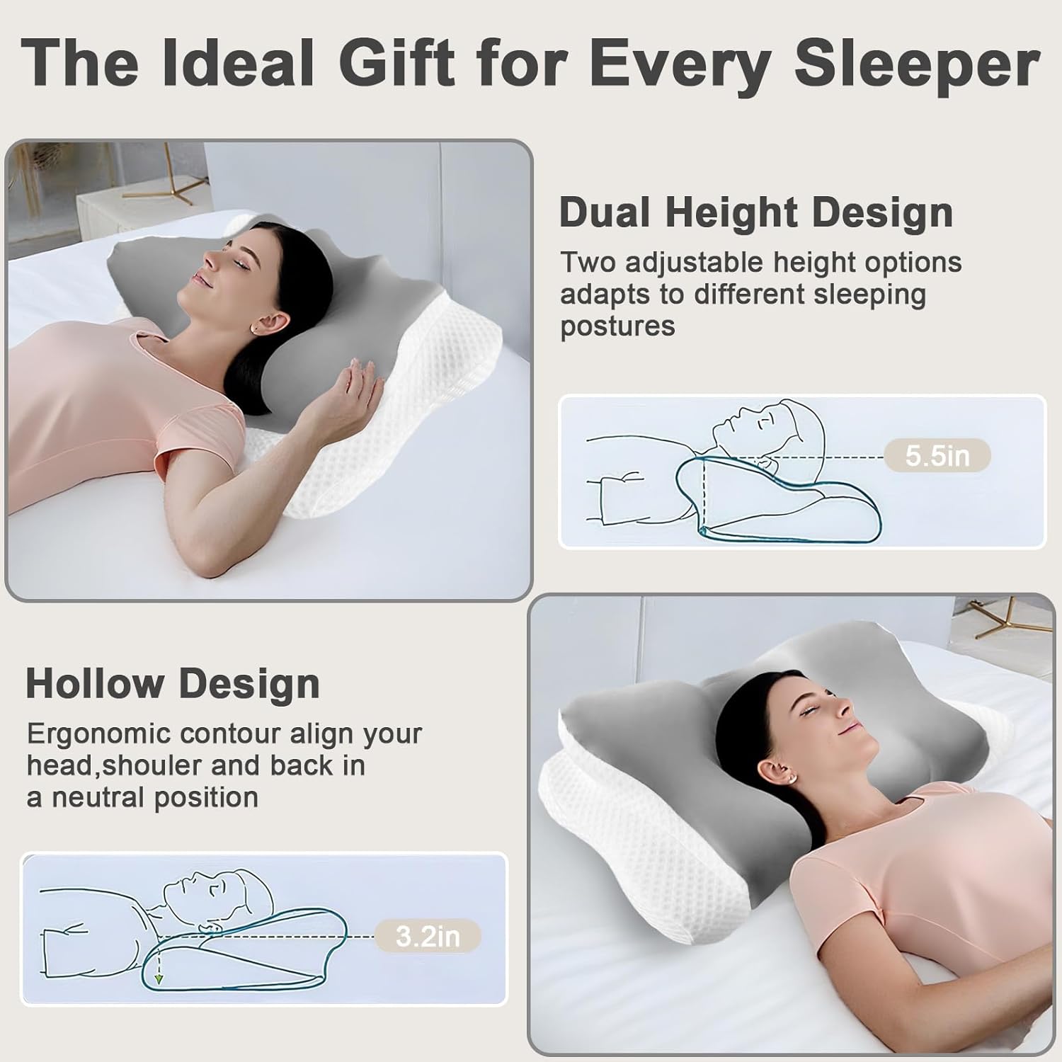 Side Sleeper Pillow for Neck Pain, 2 in 1 Height Soft Contour Pillows for Side Sleepers with Breathable Ice Silk Fabric, Queen Size Side Sleeper Pillow for Neck and Shoulder Pain