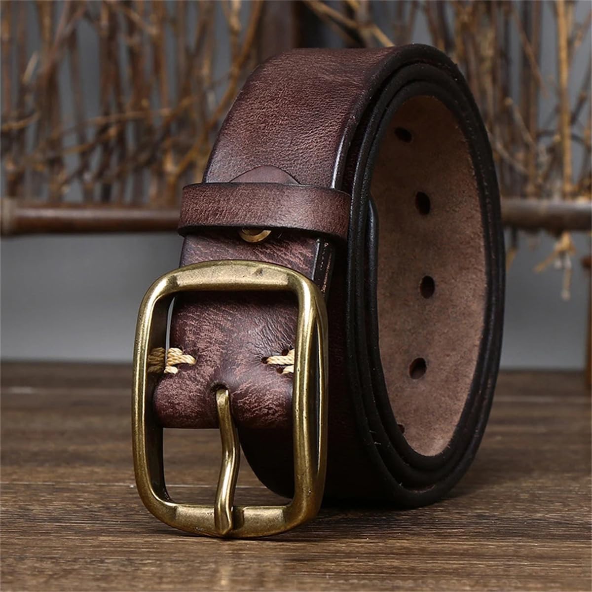 3,8 Cm Dicker Rindsledergürtel Aus Echtem Leder Mit Kupferschnalle, Lässiger Jeansgürtel Für Herren, Luxuriöser Retro-Gurt
