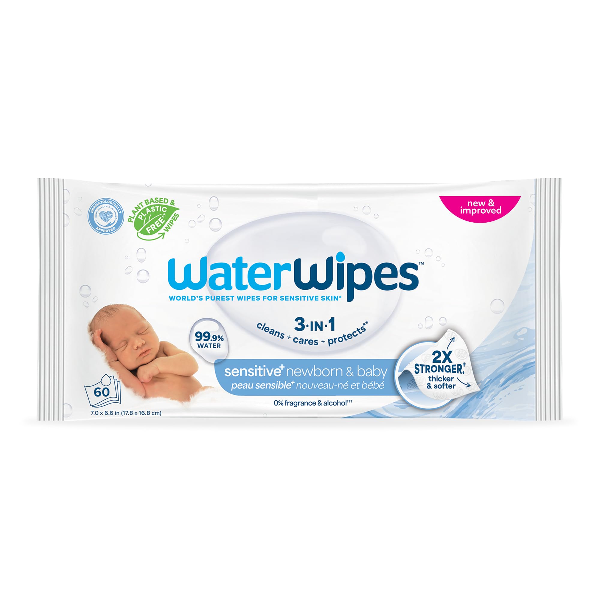 Sensitive+ Newborn & Baby Wipes, 3-In-1 Cleans, Cares, Protects, 99.9% Water, Unscented & Hypoallergenic, 60 Count