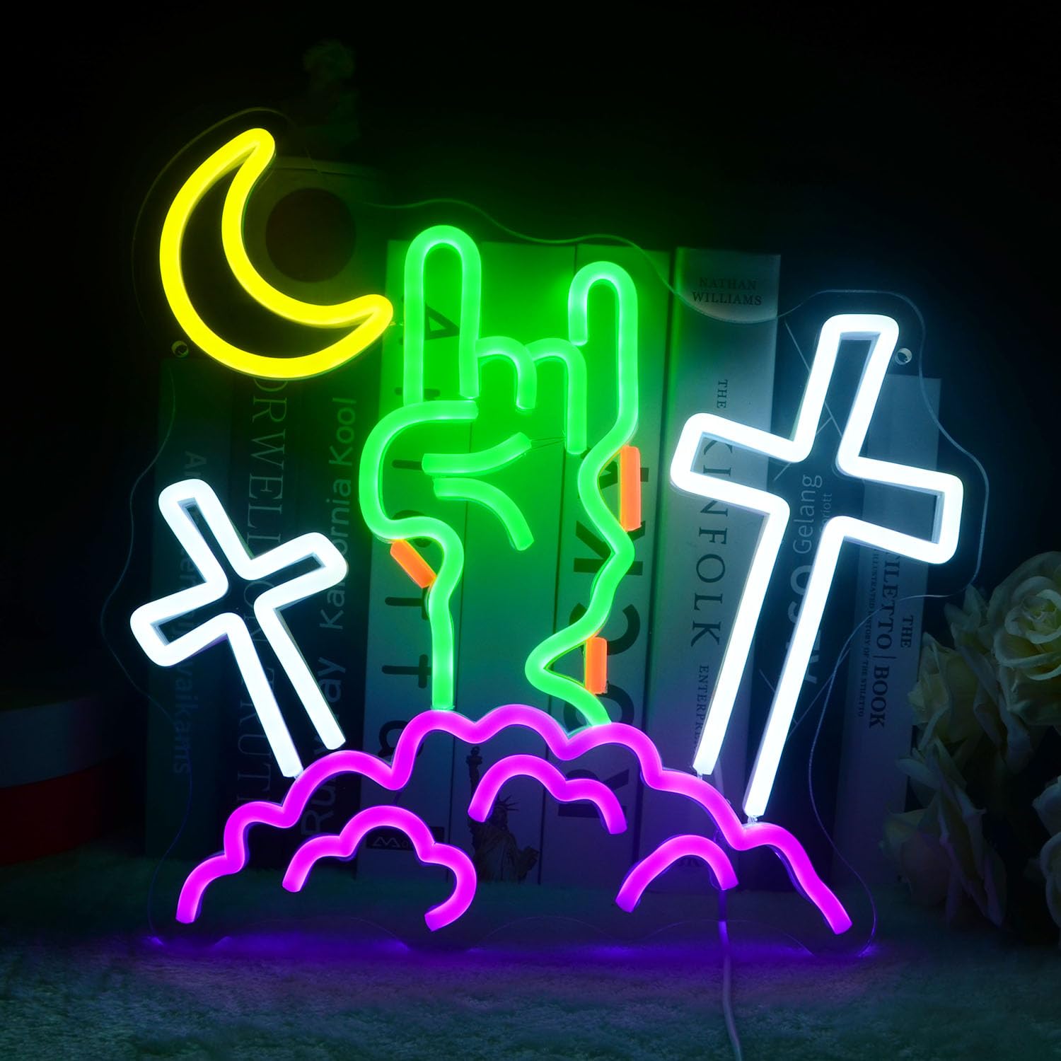Halloween Devil Neon Sign Rock Gesture Cross With Moon and Cloud LED — image 1