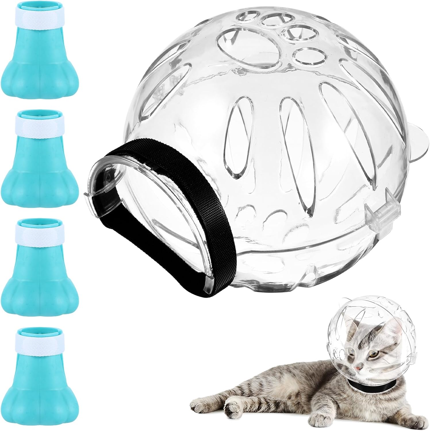 Cat Muzzle for Grooming, Transparent Helmet with 4 Silicone Paw Covers Cat Adjustable Hood Kitten Breathable Anti Bite Muzzles with Anti Scratch Boots for Pet Bathing Shaving