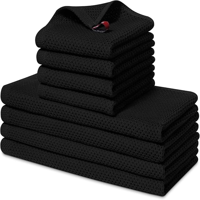 smiry Cotton Kitchen Dish Towels Set– 4 Pack 12x12 Inch & 4 Pack 13x28 Inch Kitchen Towels, 8 Pieces in Total, Ultra Soft Absorbent Quick Drying Dish Cloths Tea Towels, Black