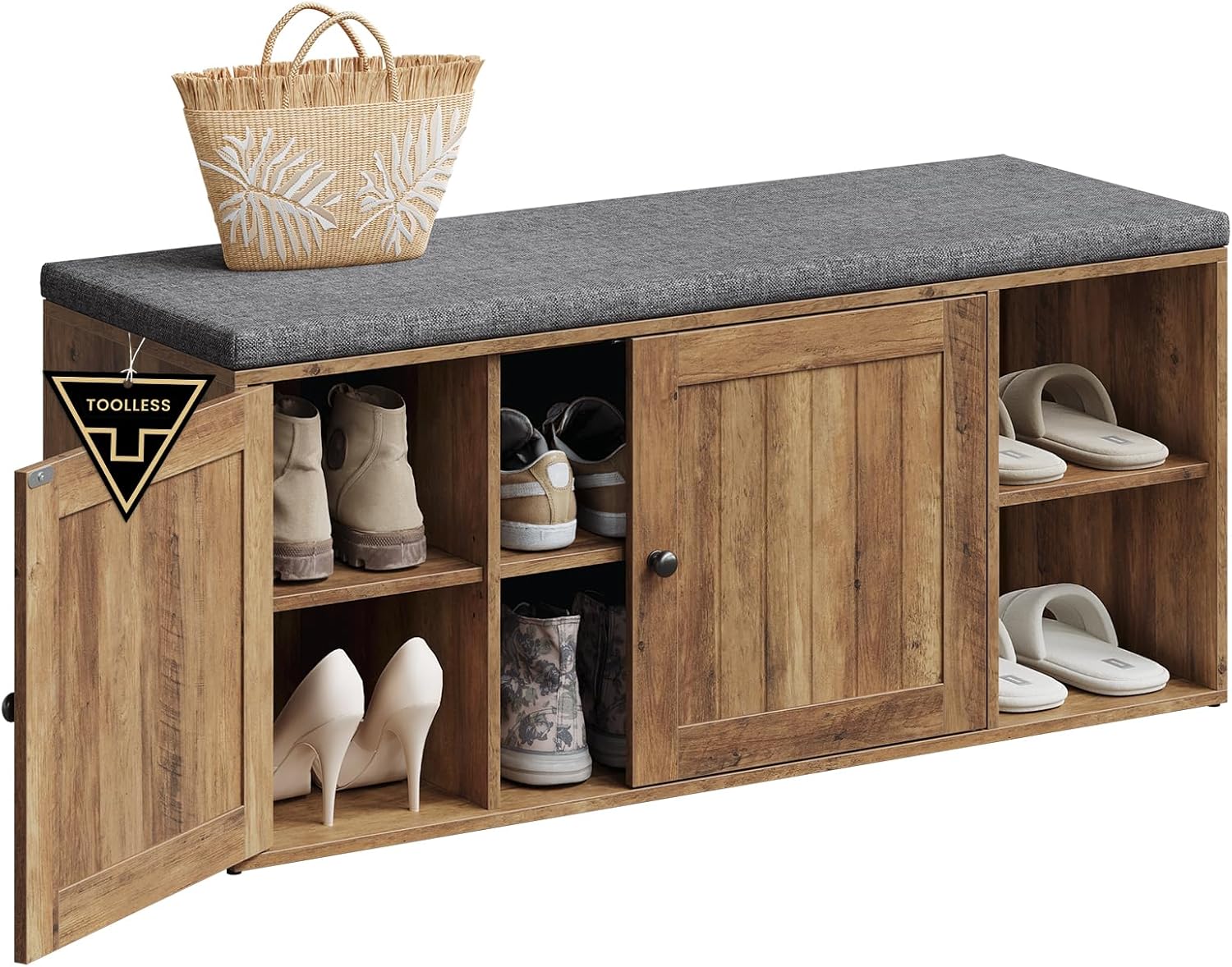 SONGMICS Home Shoe Storage Bench, Superfast Toolless Assembly, Shoe Rack Cabinet with Door & Adjustable Shelf for Entryway/Living Room, 14 x 40.2 x 17.3 Inches, Honey Brown and Slate Gray
