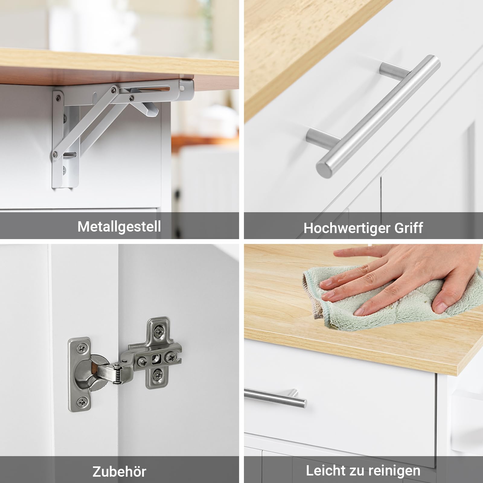 SoBuy Kücheninsel mit Rollen, Servierwagen mit ausziehbarer Arbeitsplatte – platzsparende, freistehende Kücheninsel mit Schubladen für kleine Küchen Weiß 113 x 91 x (44–69) cm FKW129-WN