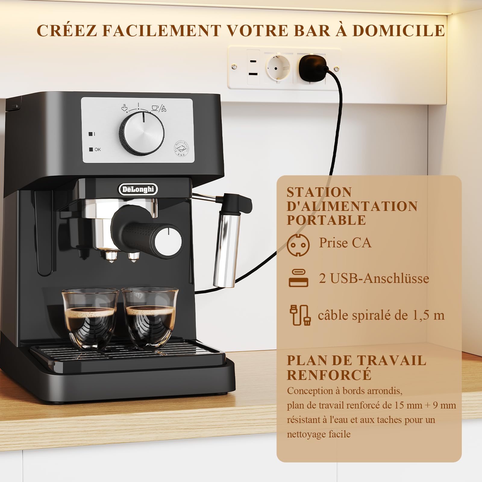 Devoko Mobile da cucina, credenza, armadio alto con prese di corrente e strisce LED 3000 K, con piano di lavoro da 24 mm, ripiani regolabili, 3 cassetti, 100 x 40 x 182 cm (Bianco)