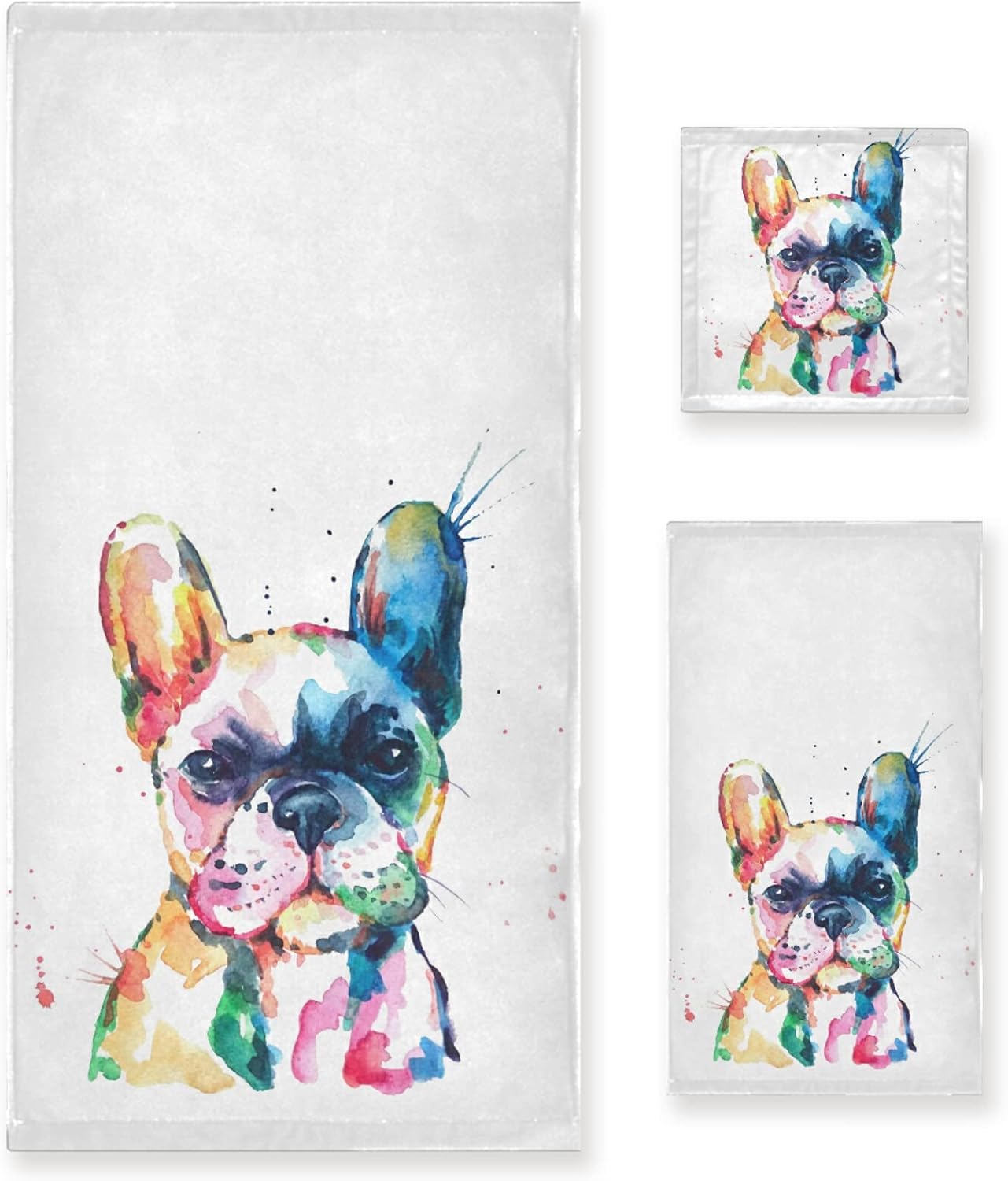 Pfrewn French Bulldog Puppy Towels Set of 3 Watercolor Dog Colorful Art Bathroom Towel Soft Absorbent Bath Hand Towels Washcloth Guest Towel Sets Bathroom Decorations