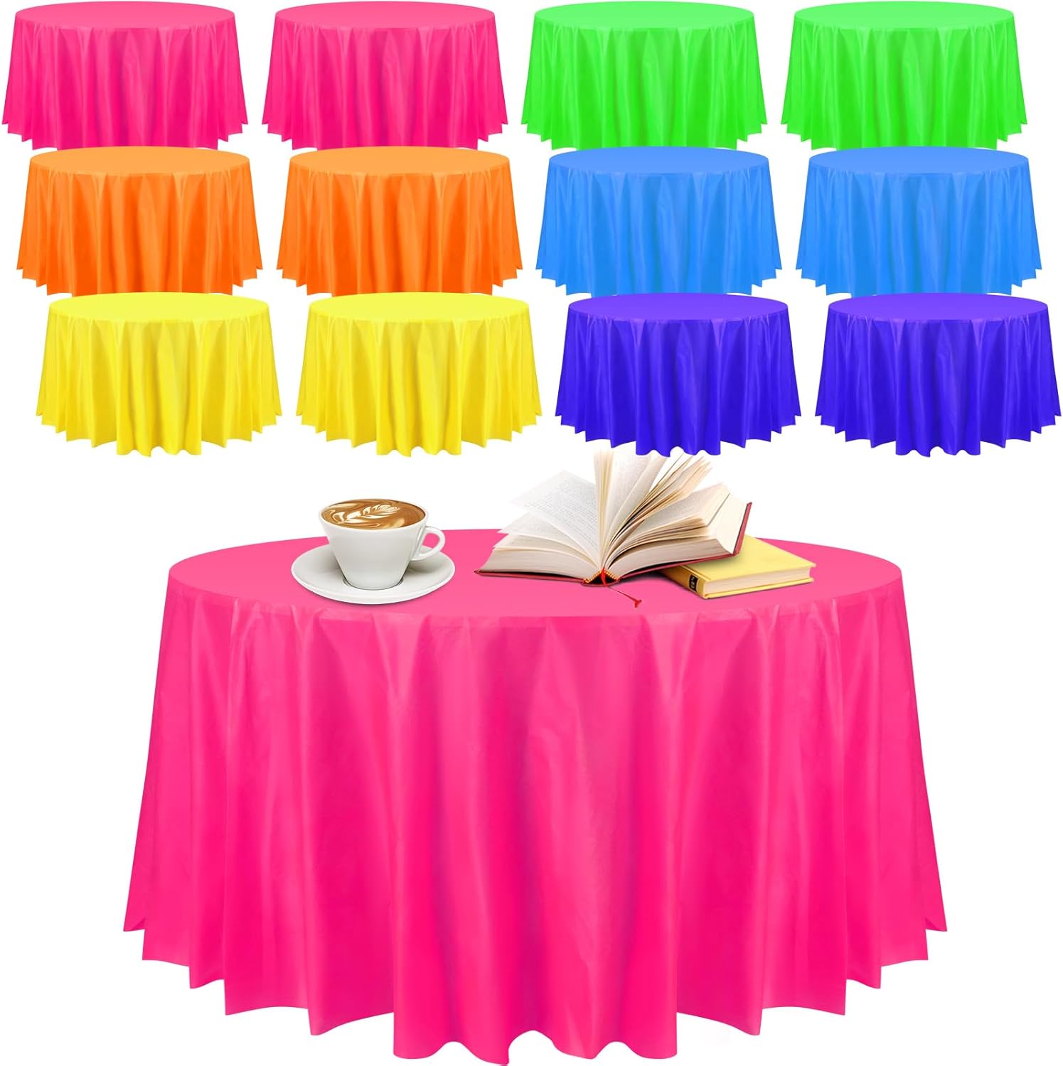 Preboun 84 Inch Large Neon Tablecloth Disposable Plastic Round Party Table Cover Decor Assorted Color Tablecloth Circle Table Cover for Wedding Birthday Picnic Tea Party Decor(Vivid Color,16 Pack)