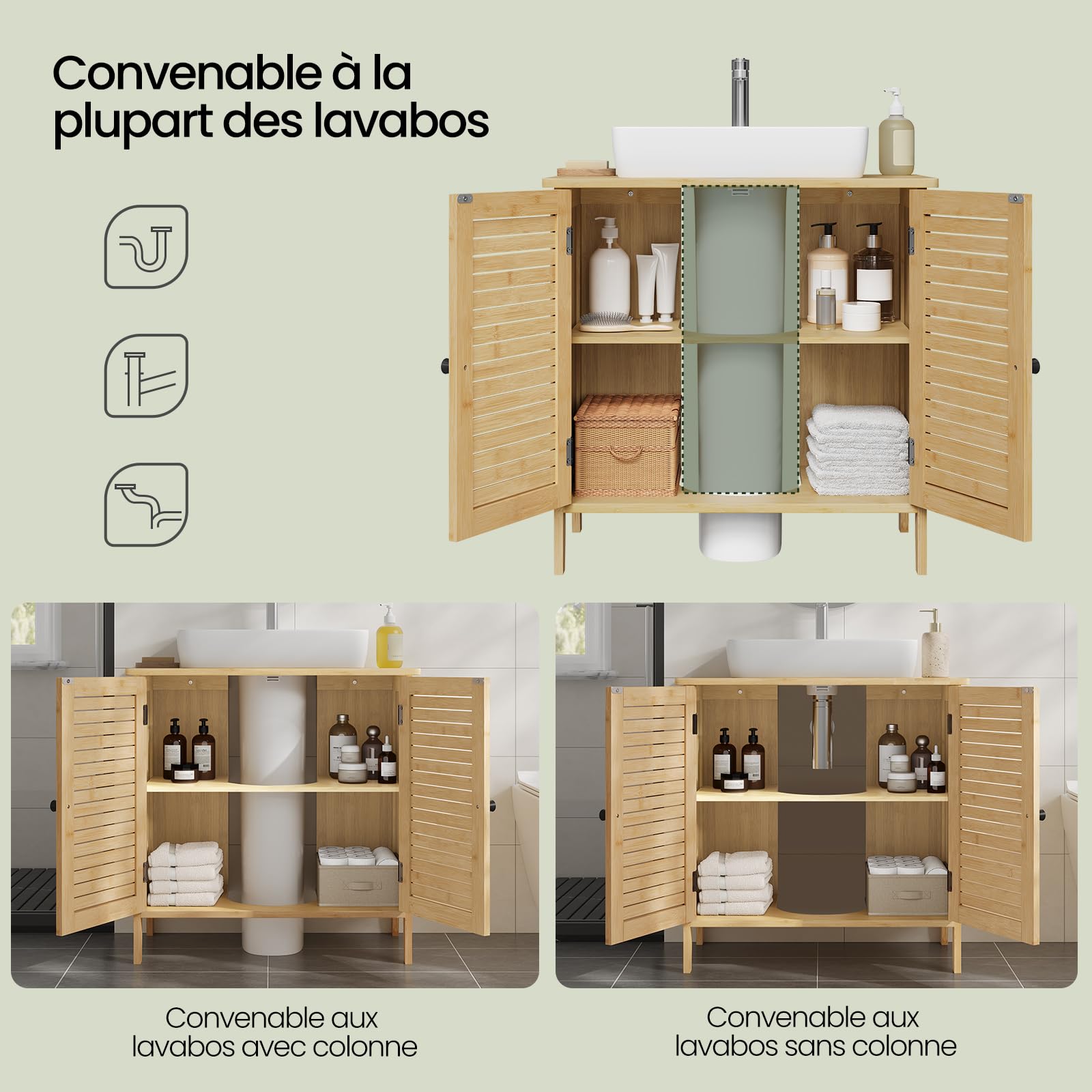 EUGAD Meuble sous Lavabo Salle de Bain en Bambou, Meuble sous Vasque, avec Découpe pour Siphon 20x23 cm, Portes à Lames et Étagère Réglable, 60x30x60 cm