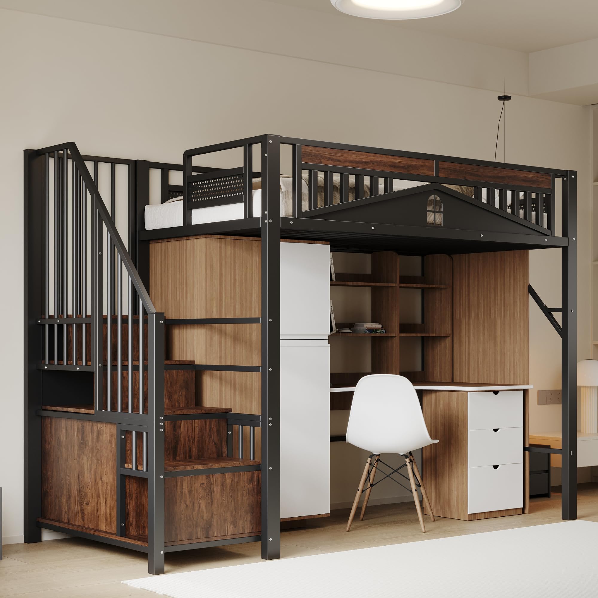 Merax Metal Loft Bed 90x200 cm with integrated storage stairs and locker, black finish.