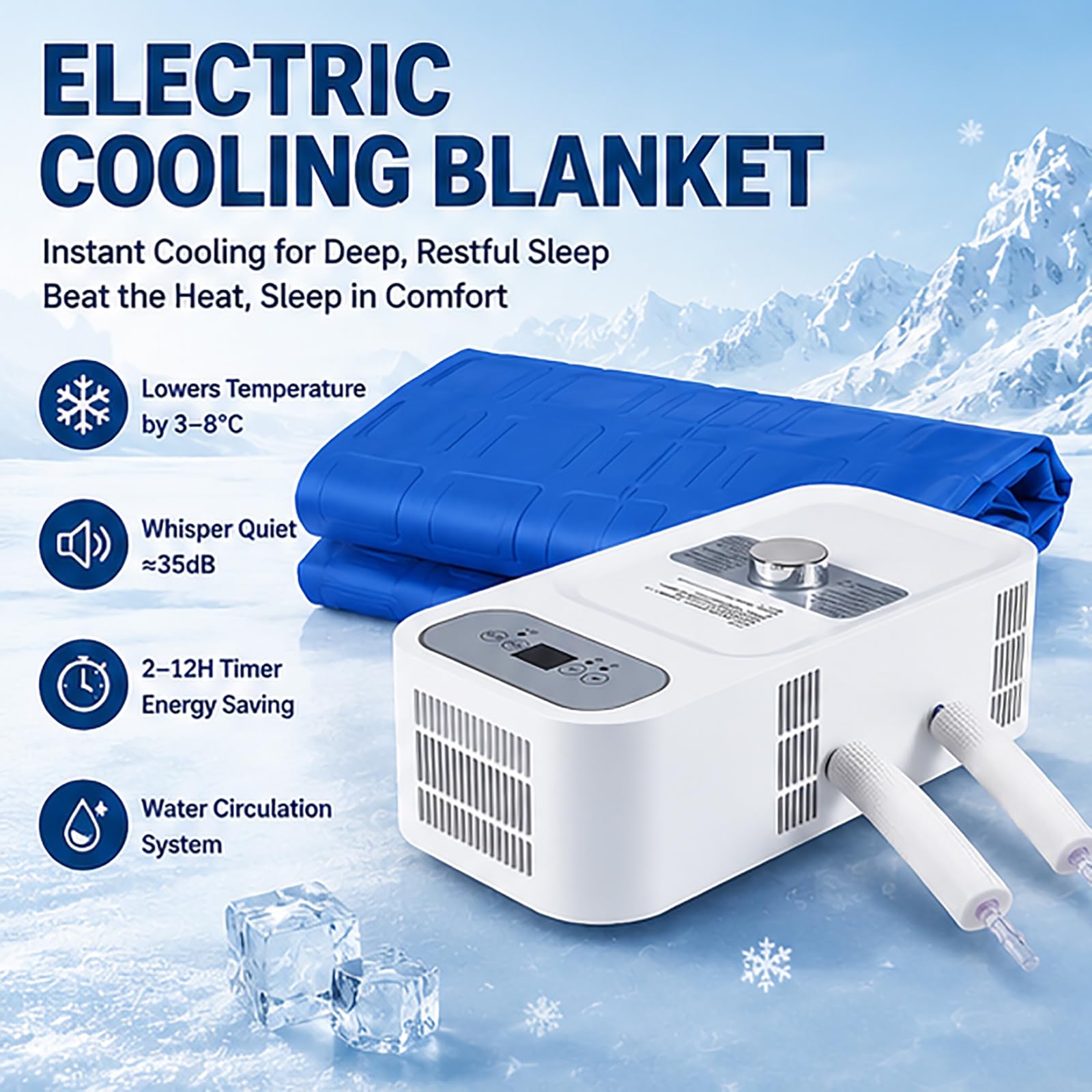 Elektryczny koc chłodzący z 12-godzinnym timerem i schładzaniem do 3-8 ℃ | System chłodzony wodą o mocy 130 W, zbiornik 200 ml, do użytku z systemem chłodzenia łóżka i chłodziarki(160cm*140cm)