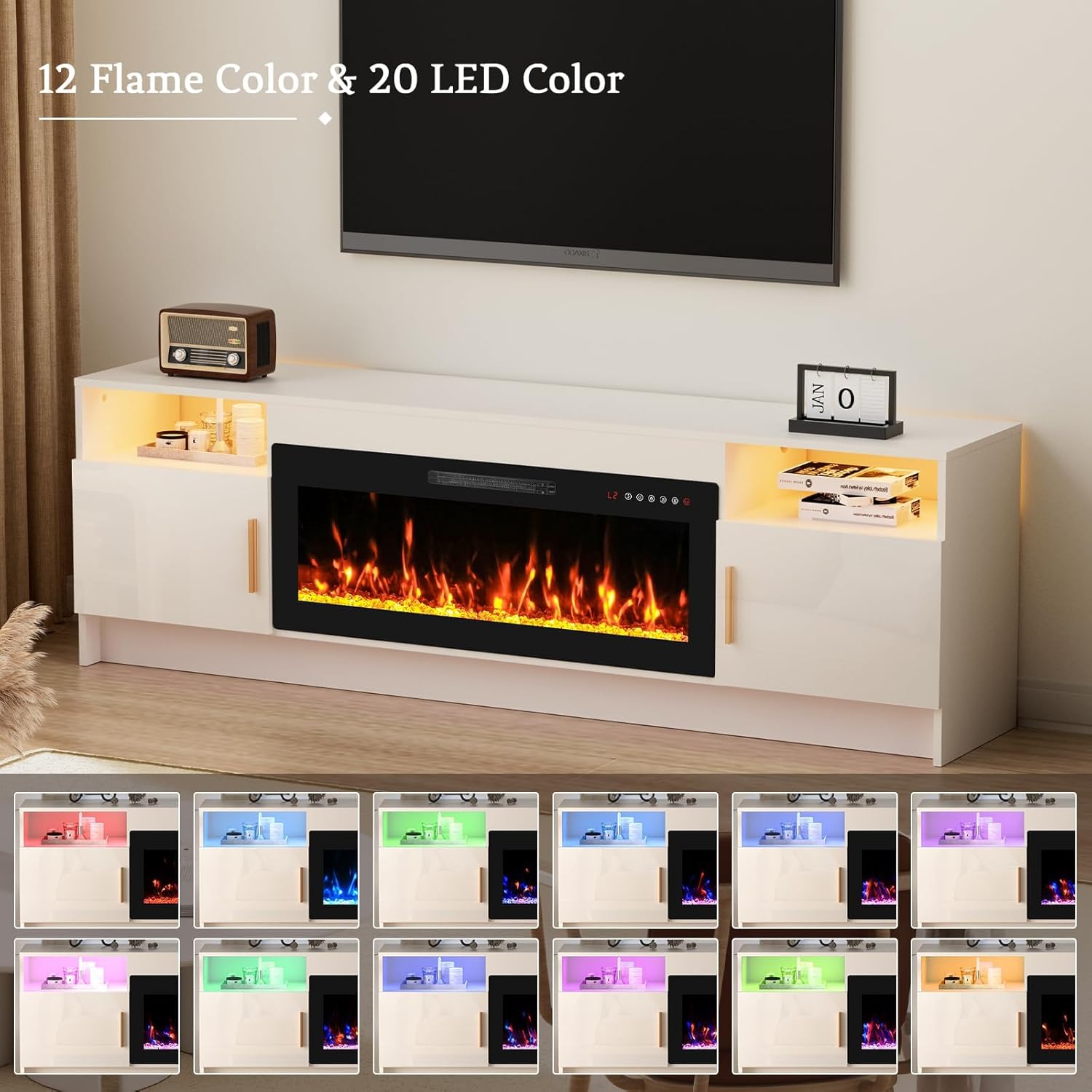 Kucreiheat TV Stand with Fireplace and Led Light-White Entertainment Center for 75+ inch TV- TV Cabinet with Storage, High Glossy Door, Modern TV Console for Living Room, 70'' White