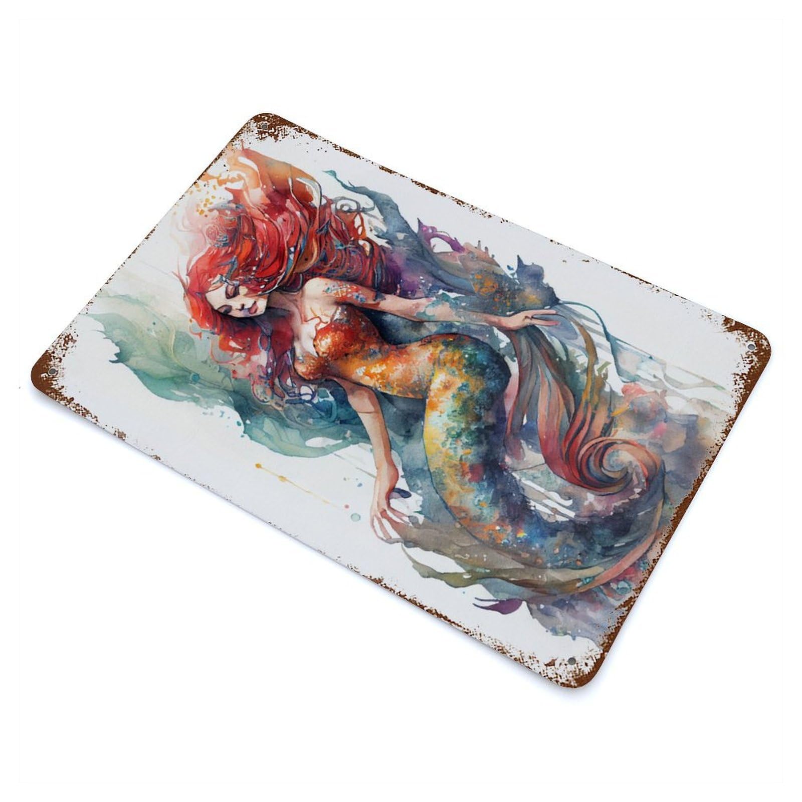 Rust Effect Mermaid Watercolor Vintage Rust Metal Sign 11.8"x7.9", Farmhouse Wall Decor for Farmhouse, Kitchen And Entryway Decor
