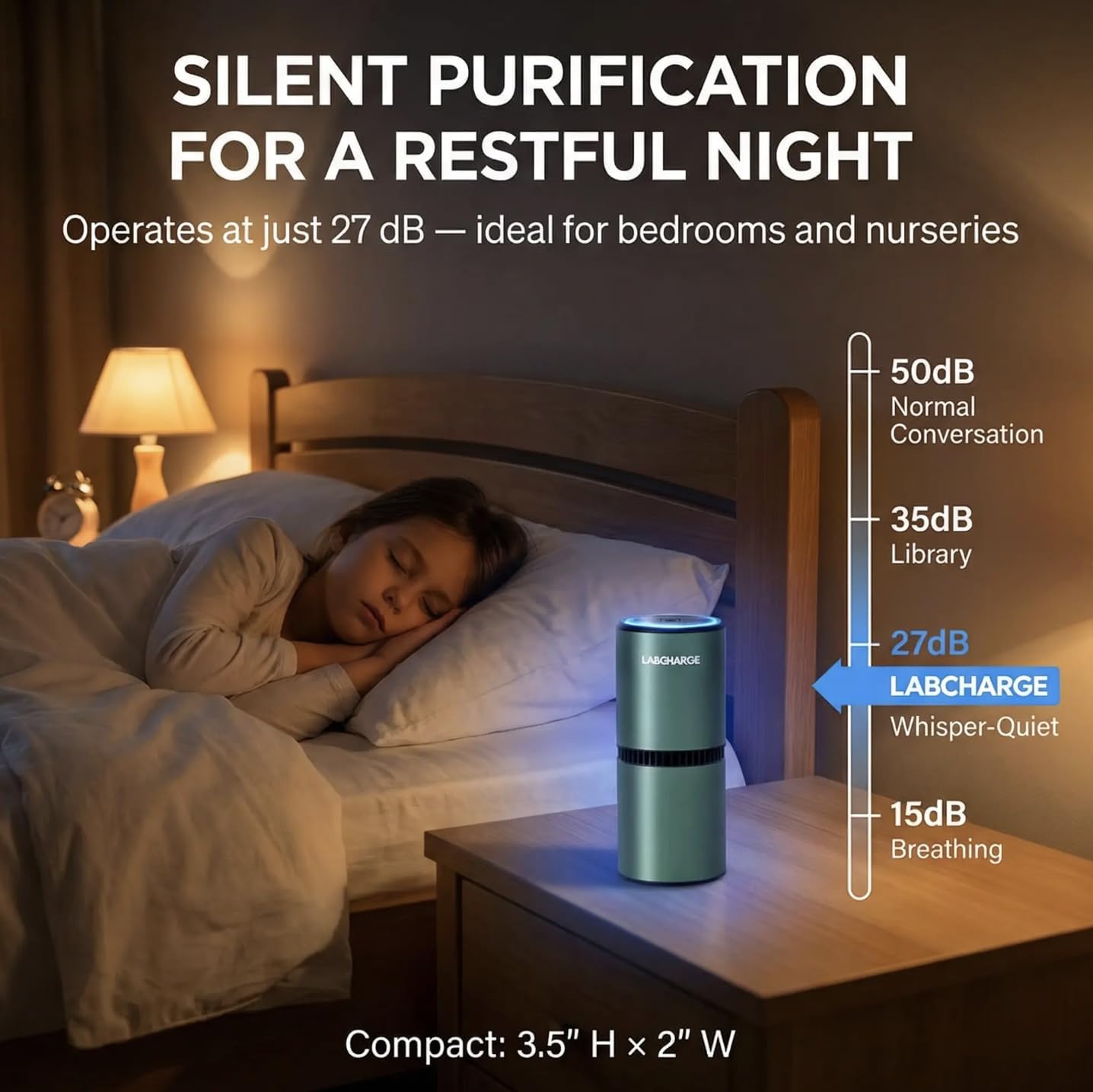 Lab Charge Piccolo purificatore d'aria ionico per casa e camera da letto, filtro HEPA silenzioso, copre 250 mq, detergente per animali domestici, capelli, fumo, polvere, odori e forfora, design