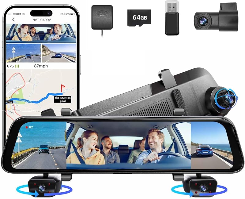 2026 4K Mirror Dash Cam 4 canales, cámara de espejo retrovisor con pantalla táctil de 12" para automóviles, cámara de tablero 4K delantera trasera interior, visión nocturna por infrarrojos, WiFi, aplicación, GPS, control de voz, SD de 64 GB gratis