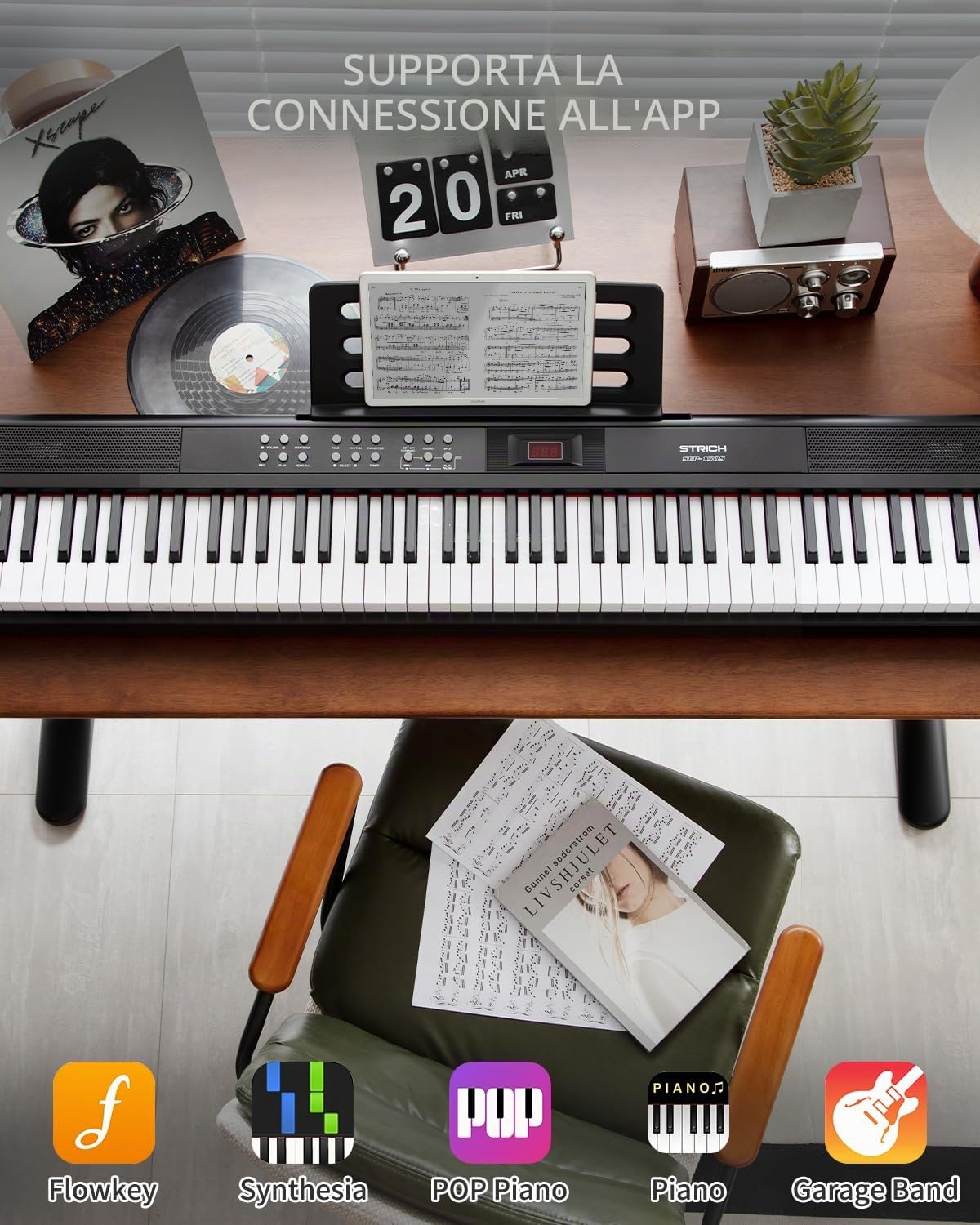 STRICH Tastiera elettrica digitale a 88 tasti con tasti semi-ponderati sensibili, set di pianoforte elettrico portatile per principianti, pacchetto con pedale Sustain, cuffie, supporto musicale, SEP