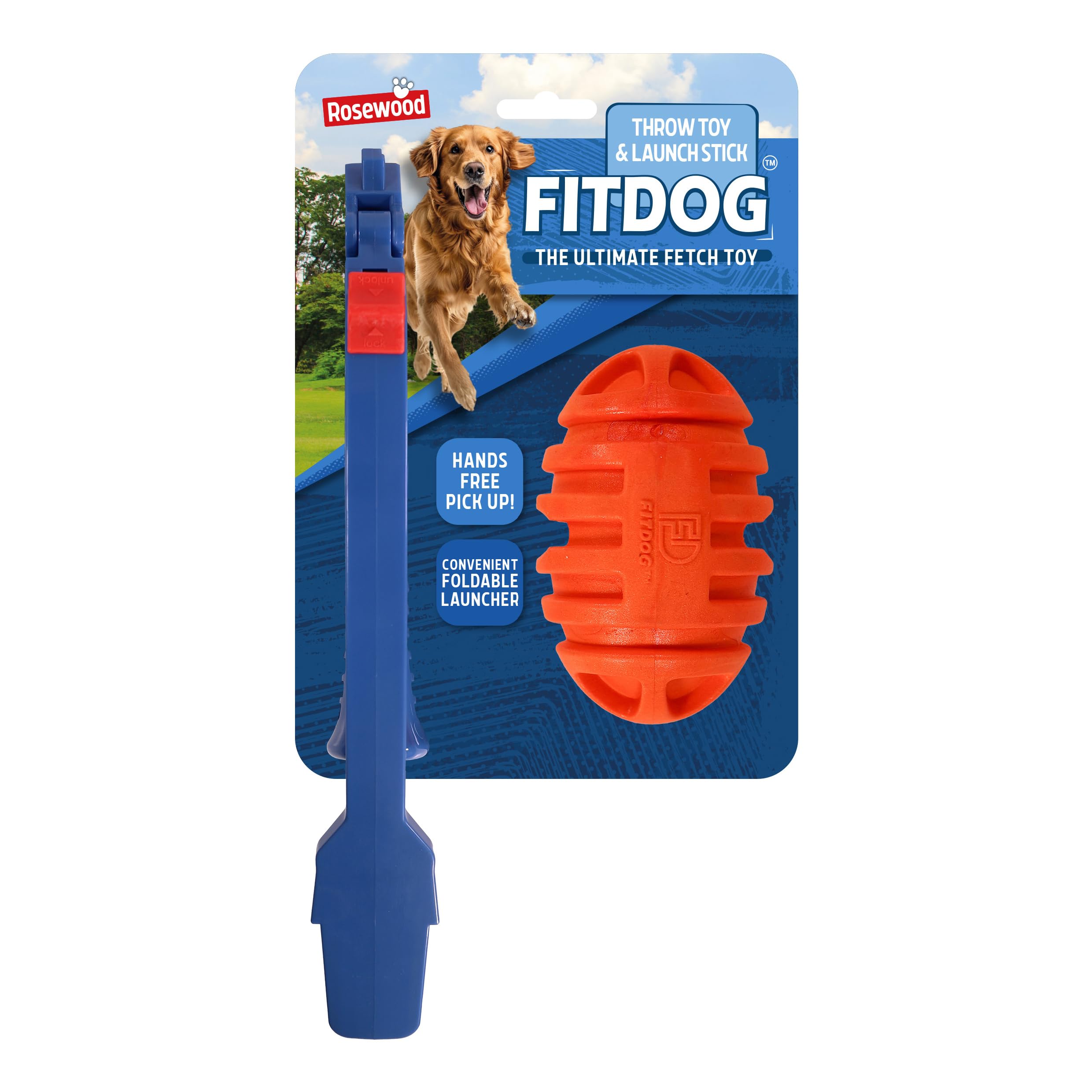 Rosewood Fit Dog Rubber Rugby Ball Throw Toy with Foldable Launcher – Durable Outdoor Dog Fetch Toy & Flinger – Tough Spiky Ball for Small, Medium & Large Breeds