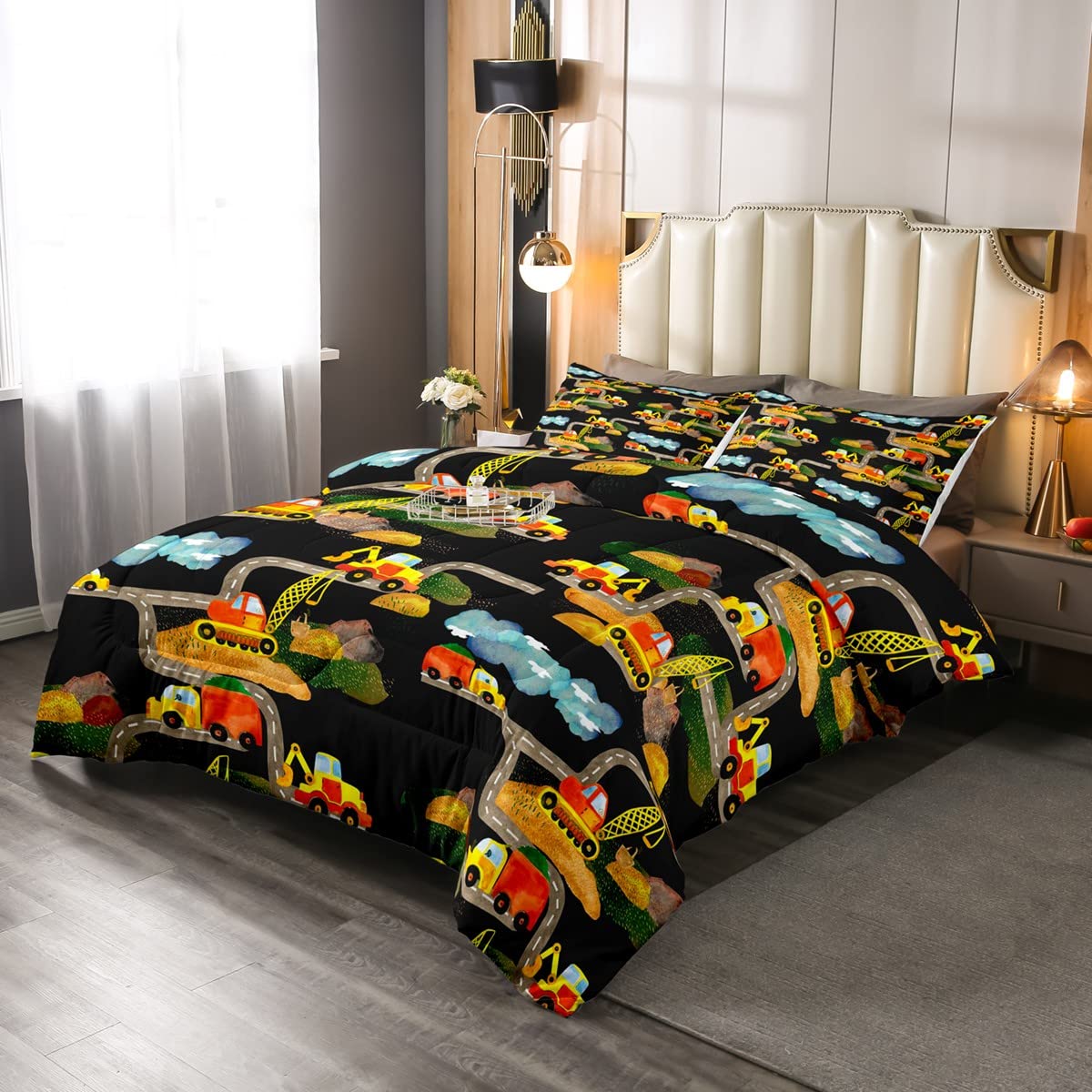 Cartoon Construction Excavator Bedding Set Vehicles Truck Car Duvet Set for Kids Boys Girls Teens Black Cartoon Car Breathable Duvet Insert King Size