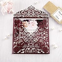 Vista 3 de Tarjetas de invitaciones de boda cuadradas de 6.3 x 6.3 pulgadas, corte calado mediante láser, diseño floral, con banda dorada y sobres blancos