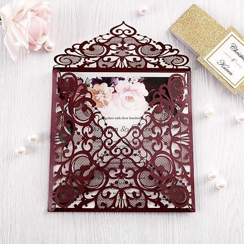 Miniatura 3 de Tarjetas de invitaciones de boda cuadradas de 6.3 x 6.3 pulgadas, corte calado mediante láser, diseño floral, con banda dorada y sobres blancos para