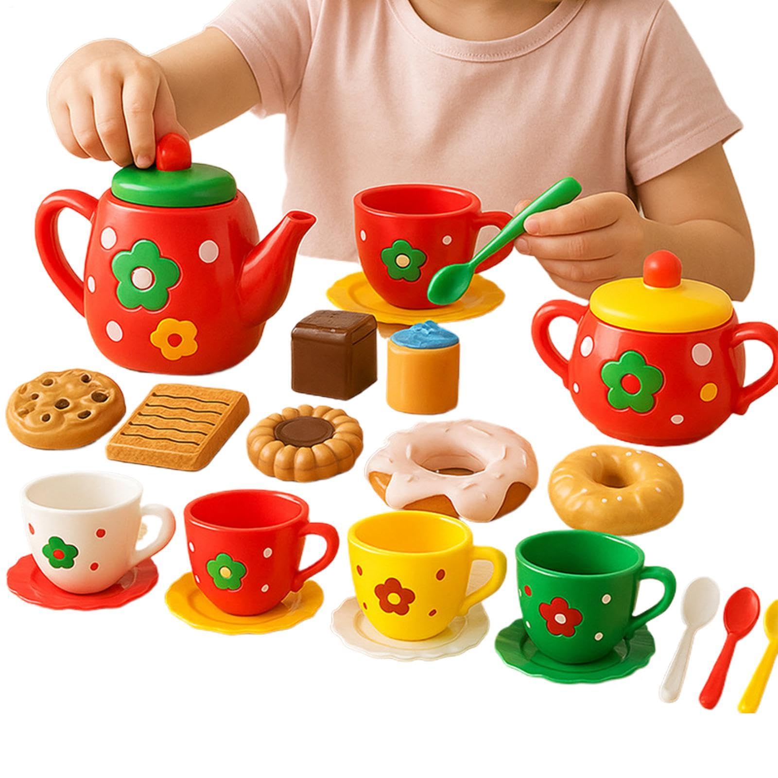 Kids Tea Party Set, 24 Piece Pretend Play Kitchen Toy With Teapot