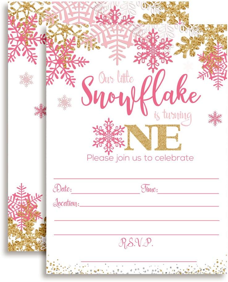 Amandacreation ウィンタースノーフレーク 最初の誕生日パーティー招待状 ピンクゴールド 送料無料でお届けします 枚 5インチx7インチ カードに枚の白い封筒付き