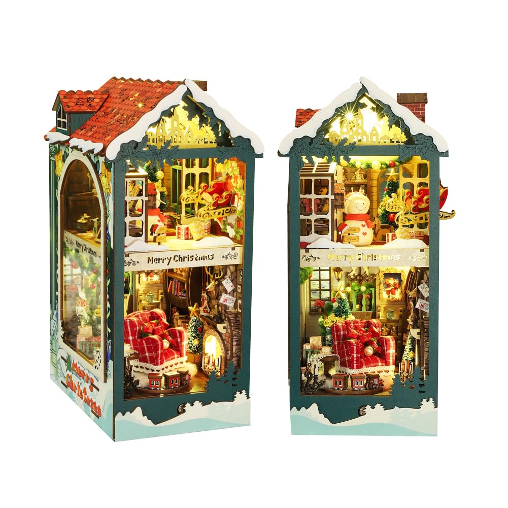 DIY Book Nook Kit Miniature Kits Christmas Dolls House Furniture with LED Light Accessories Puzzle Model Bookshelf Decor Creative Craft Boy and Girl Birthday Christmas Eve Gift (Xmas Room)