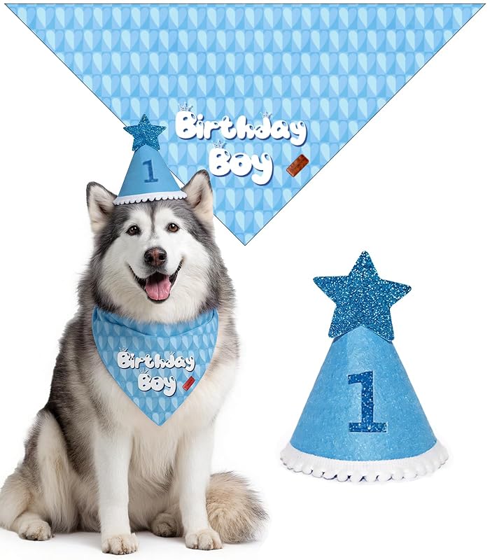Bandana de aniversário para cães com chapéu ajustável e números Orangezone Blue Heart, tamanho Extra Grande