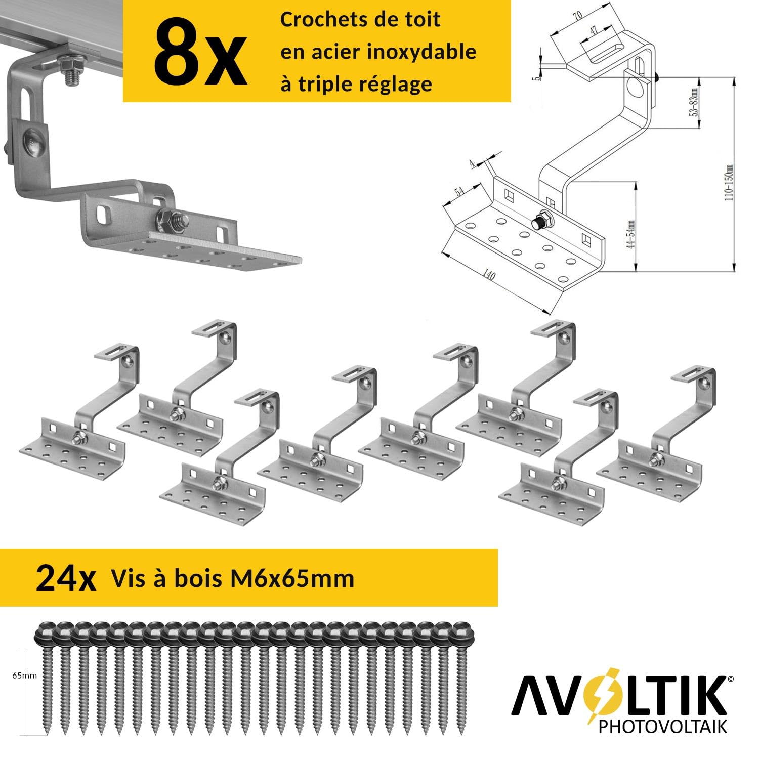 Support solaire pour toit en tuiles | Kit de montage pour 2 panneaux I Lot de crochets de toit en acier inoxydable 3 fois fixés. Pinces de rail de montage en aluminium