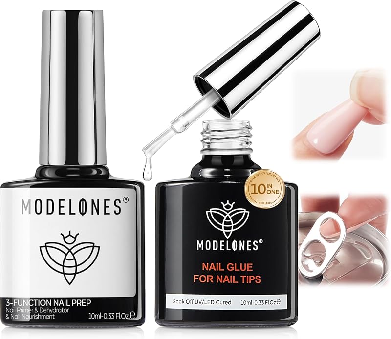 modelones Gel Nail Glue and Dehydrator & Primer Nourishing Prep Kit | for Nail Tips, Acrylic & False Press On Nails, Strong Adhesive Bond for Long-lasting Nails Base Coat Supports Growth