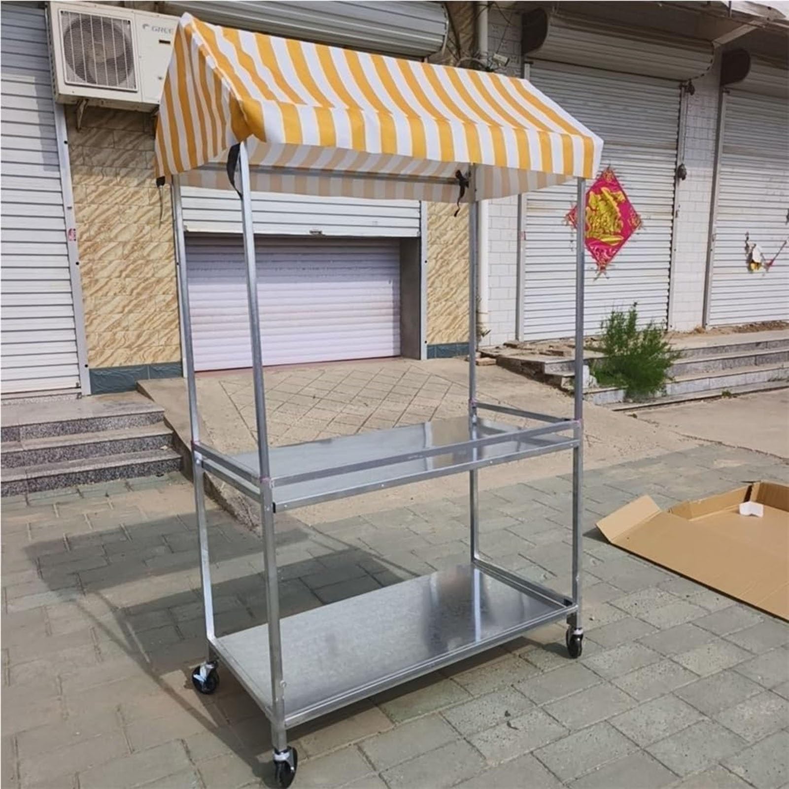 Chariot de restauration en acier double niveau pliable avec auvent pour stand extérieur