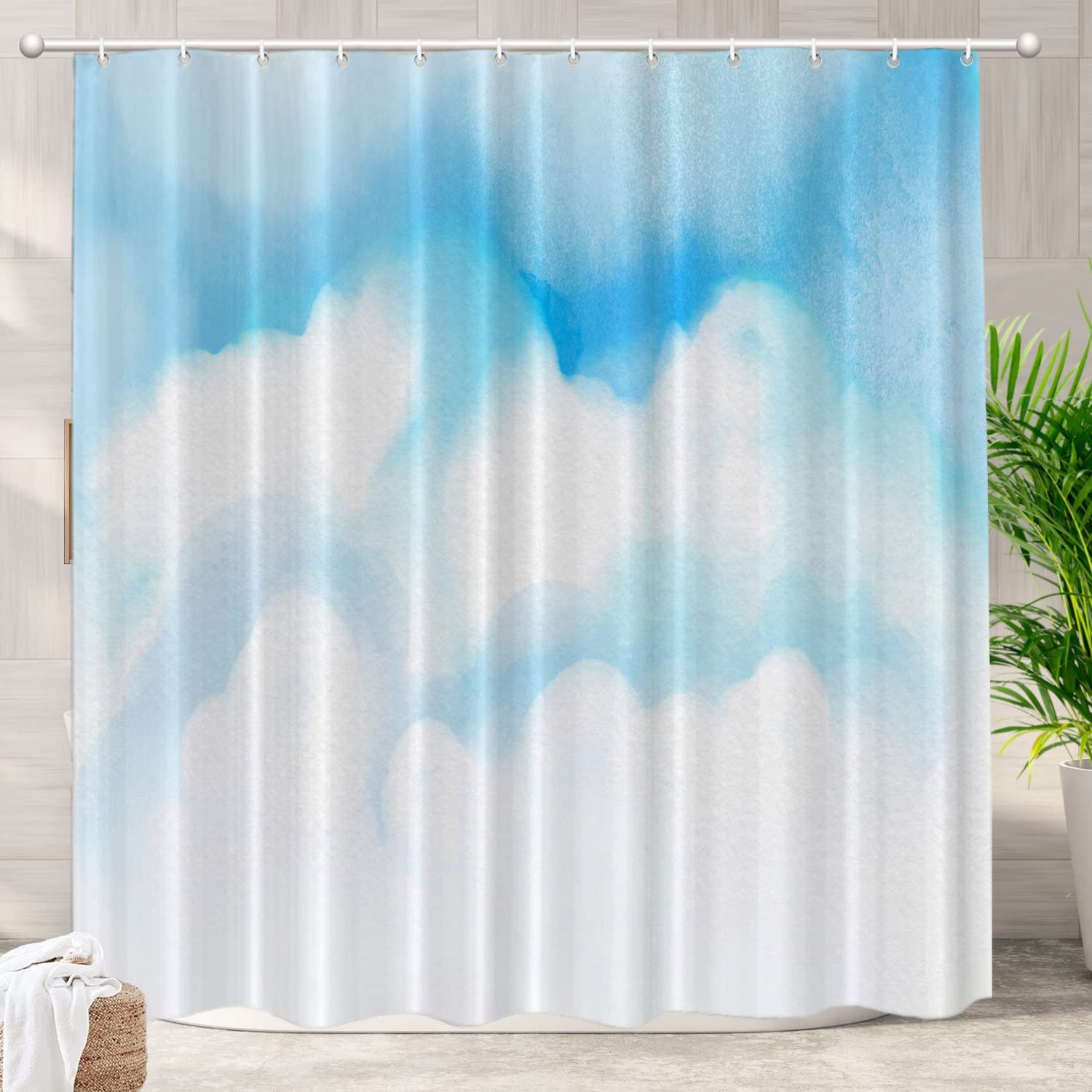 Batmerry Blue White Modern Cloud Decor Shower Curtain,Kawaii Sky Bathroom Decor Polyester Fiber Plastic Rings Quick-Drying Waterproof for Bathtubs/Bathroom, 72x72 inches