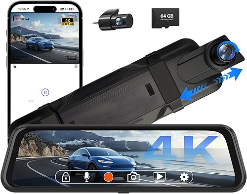 Cámara de espejo retrovisor 4K, cámara de tablero de espejo de 10 pulgadas delantera y trasera con tarjeta de 64 GB, cámara de tablero de pantalla