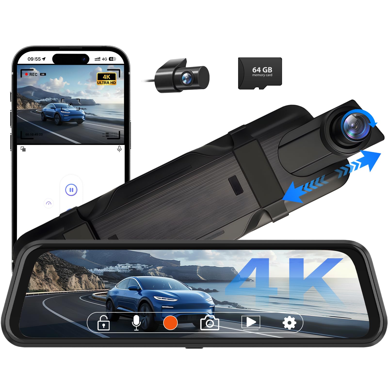 4K Front and Rear View Mirror Camera with Free 64G SD Card-image-19