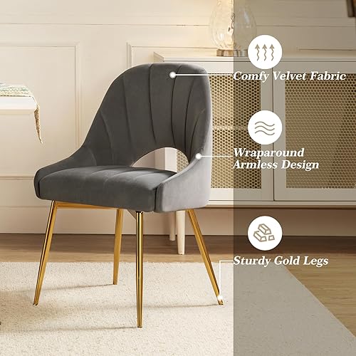 Miniatura 5 de HULALA HOME Juego de 2 sillas de comedor, sillas de cocina de terciopelo con patas de metal dorado, sillas sin reposabrazos acolchadas suaves con