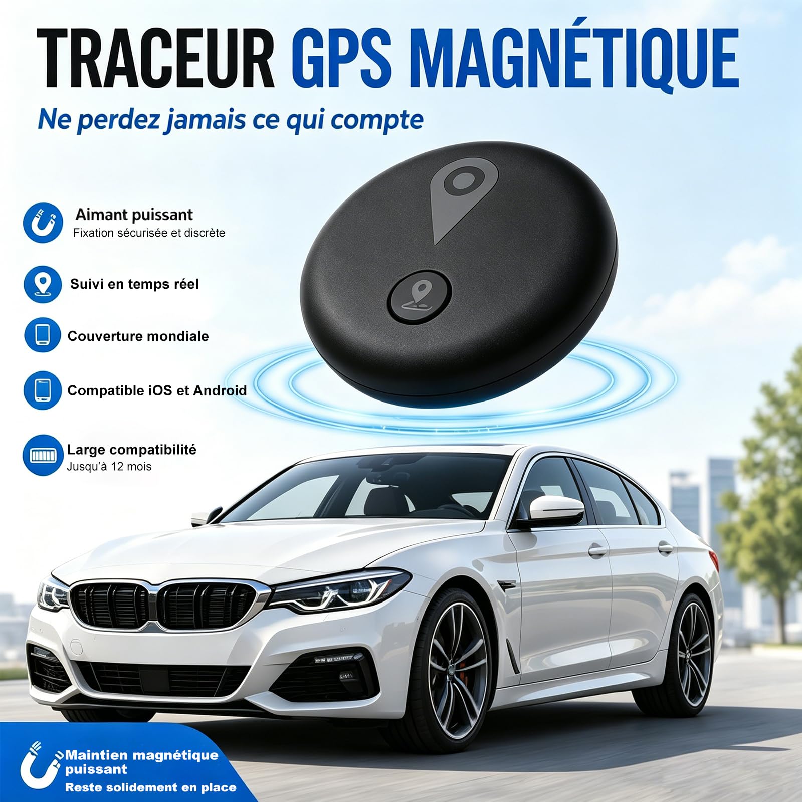 Traceur GPS Voiture,Magnétique Smart Tag Tracker,Traceur caché localisateur,Traceur sans Abonnement,Étanche IP67,Compatible avec iOS et Android,pour Véhicules/clés/Moto/Bagage/Enfant/Wallet-