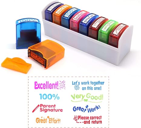 Reliancer Colorful Self-Inking Motivation School Grading Teacher Stamp Set and Tray (8-Piece) : Amazon.ae: Office Products