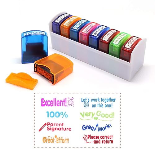 RELIANCER 8PCS Teacher Stamp Set,Colorful Self-Inking Motivational Classroom Stamper for