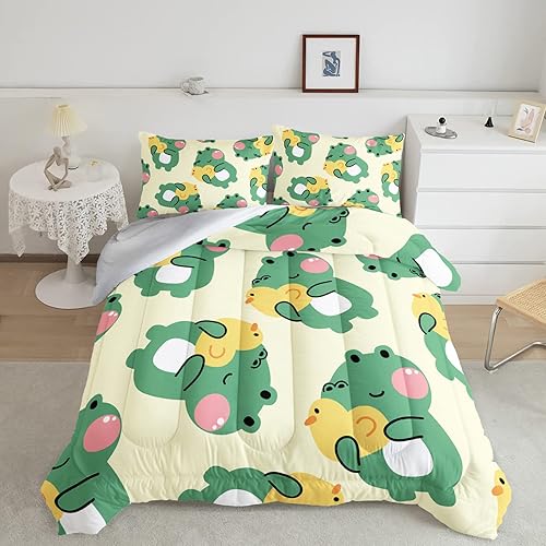 Miniatura 3 de Juego de edredón de 3 piezas con estampado de rana de dibujos animados y 2 fundas de almohada, suave y ligero, para todas las estaciones