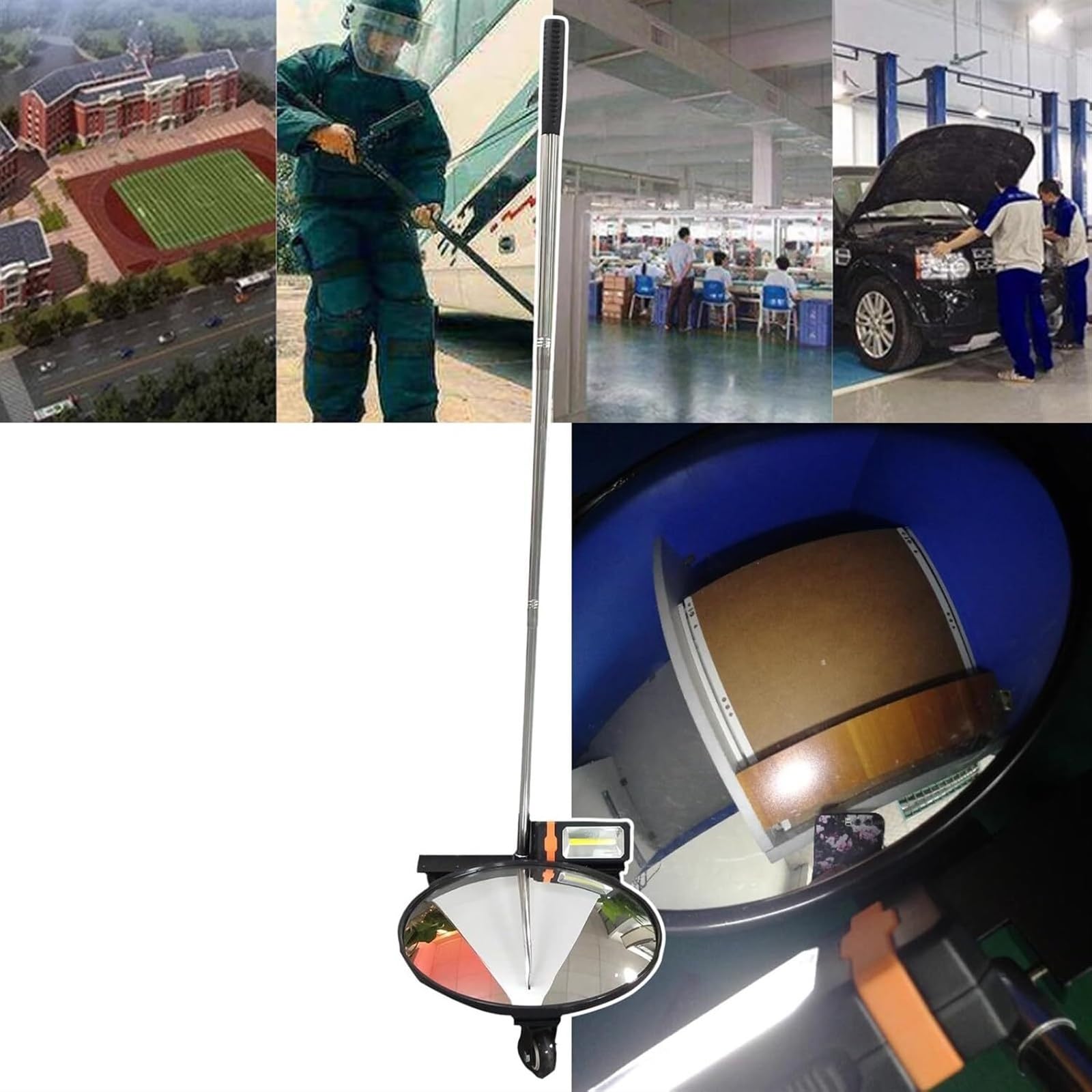 Espejo de inspección para vehículos de 12 Pulgadas de diámetro con Ruedas y luz LED: mejore la Seguridad con Este Espejo.