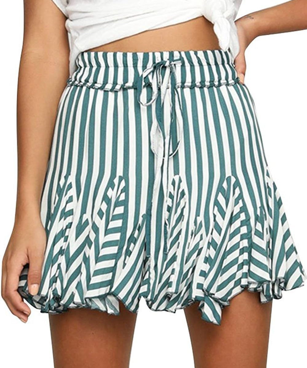 VNOOK Women Casual Striped Pleated Drawstring High Waisted Flared Skater Mini Skirt