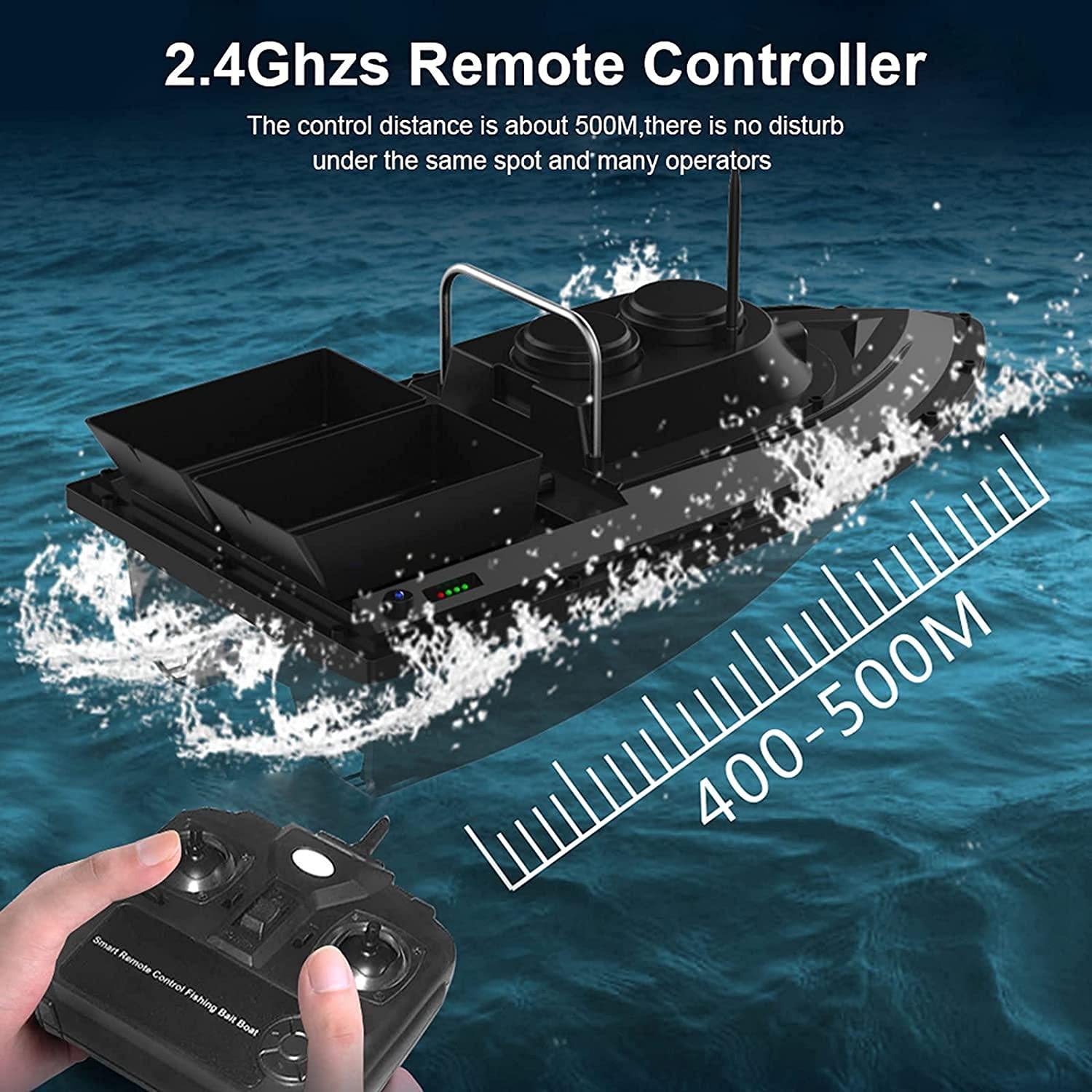 Barco de Cebo para Pesca, Barco RC Inteligente, buscador de Peces, Carga de 1,5 kg, 500 m, Control Remoto inalámbrico, 2 Motores, 2 contenedores de Cebo, batería Recargable