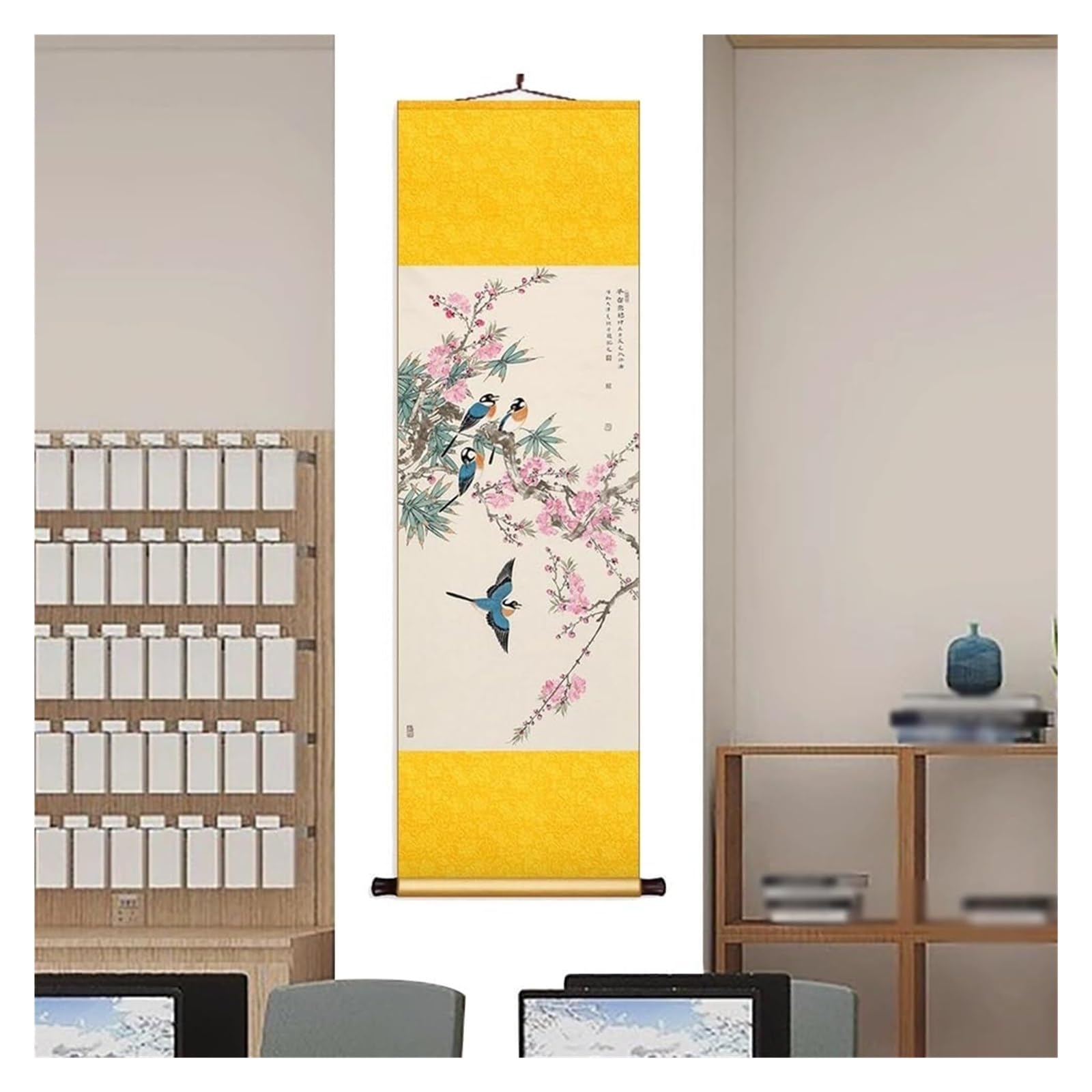 Chińskie malarstwo z motywem kwiatów i ptaków, elegancka orientalna dekoracja ścienna z jedwabiu na tło korytarza, gotowa do powieszenia na prezent(Yellow C,40L x 128W cm)