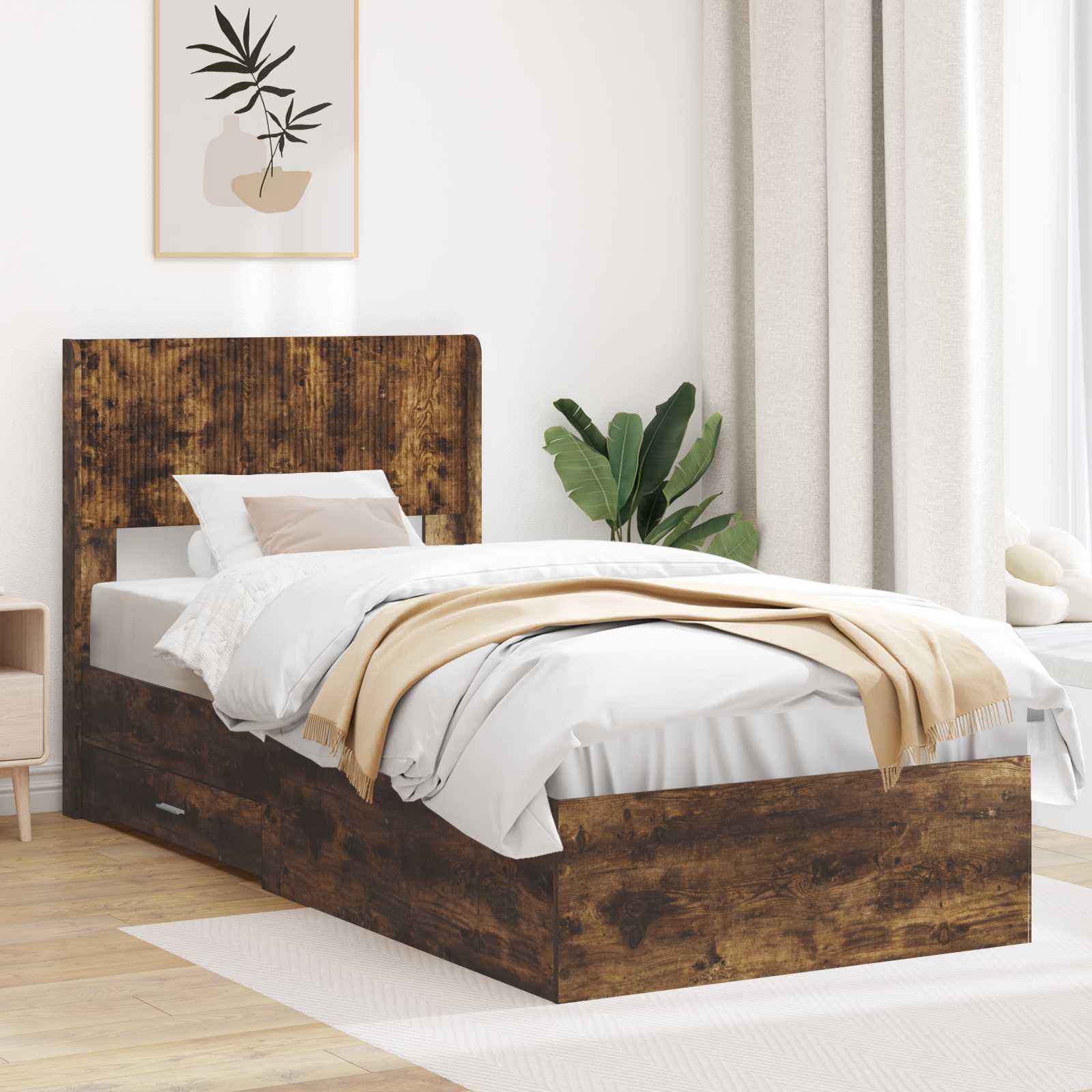 Rama de cama con almacenamiento y cabecero Rovere Fumo 105x203 cm somier de listones fijos compartimentos integrados estructura moderna madera ingenierizada soporte 140 kg fácil montaje