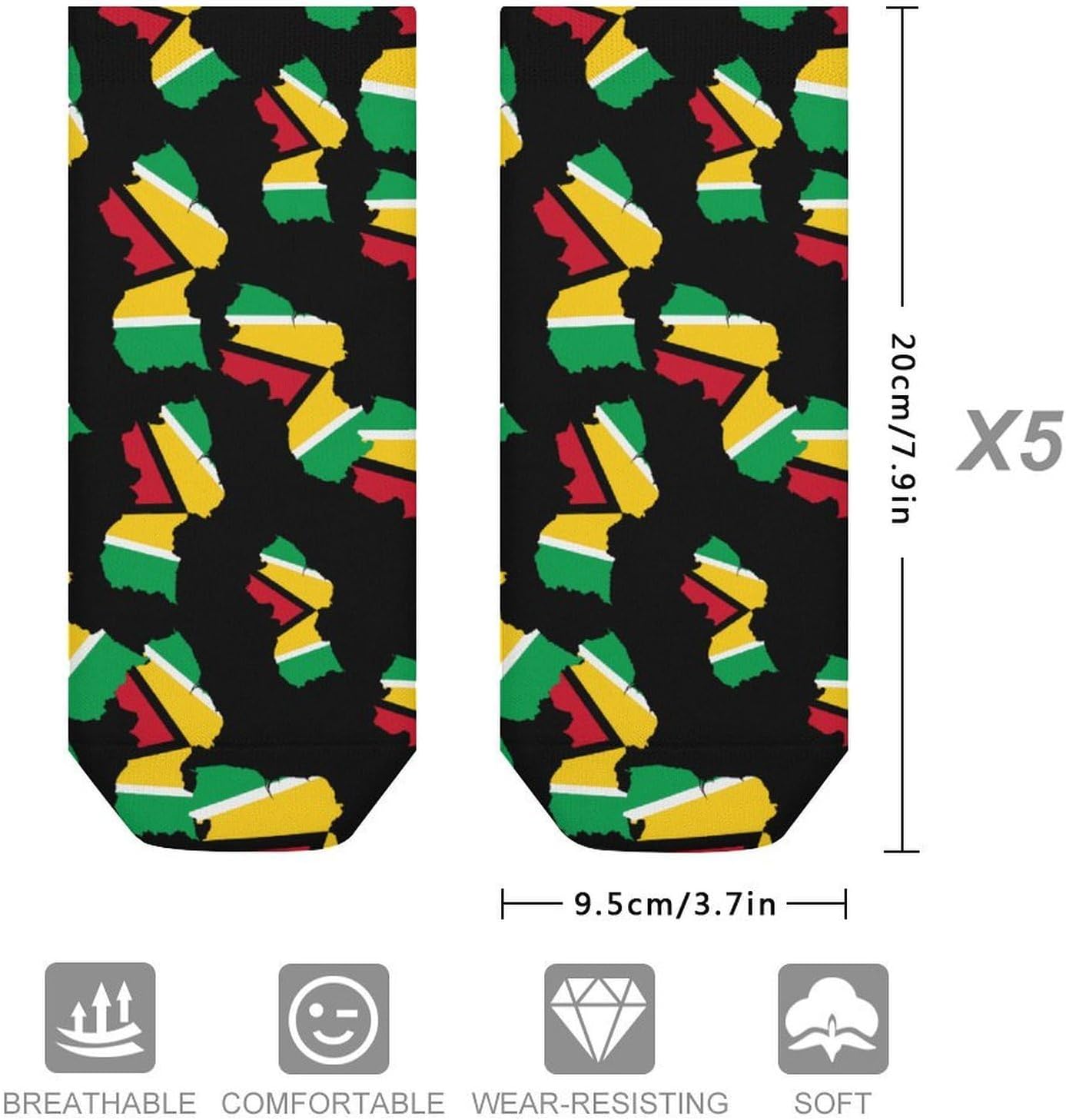 Guyana Map Flag Guyanese No Show Ankle Socks Low Cut Non Slip Flat Boat Line 5 Pairs Set