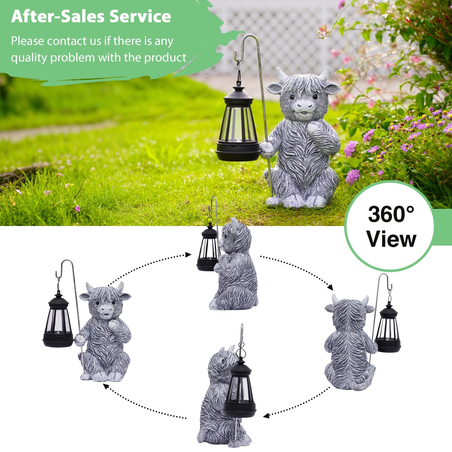 Goodeco Solar-Powered Grey Highland Cow Garden Ornament with Detachable Lantern, Adorable Sitting Calf Holding Metal Rod - Image 4